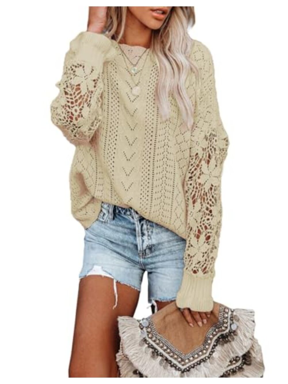 Womens Crewneck Lace Patchwork Long Sleeve Knitted Pullover Sweater